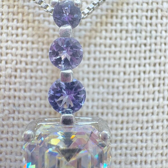 VTG Sterling Silver 925 Blue & White CZ Pendant Necklace Size 18" Adjustable - Picture 5 of 15